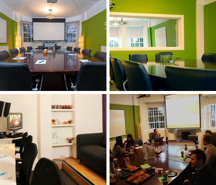A collage of photos showing a room with green walls either empty or with a team of people having a discussion